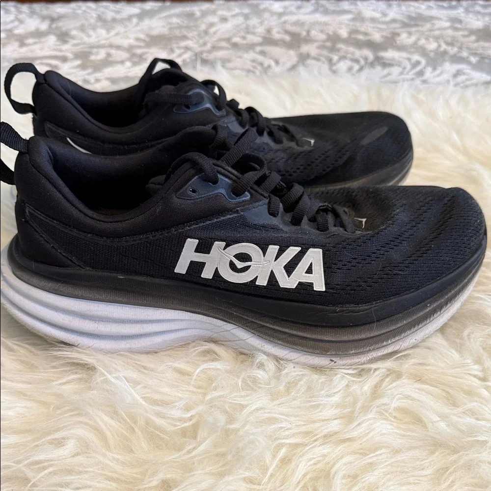 Hoka Bondi 8 Black and White Athletic Running Shoes - Picture 3 of 6